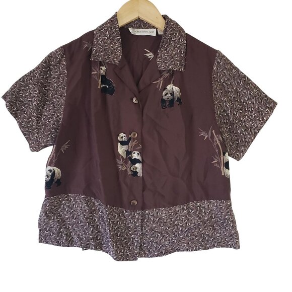 Vintage 90s Elyse Hart Brown Panda Print Button Up Short Sleeve Blouse Size S - Picture 1 of 5